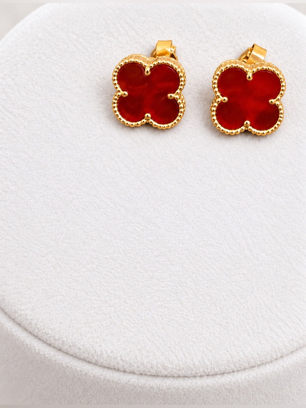 18K Real Gold Red Clover Stud Earrings 12mm